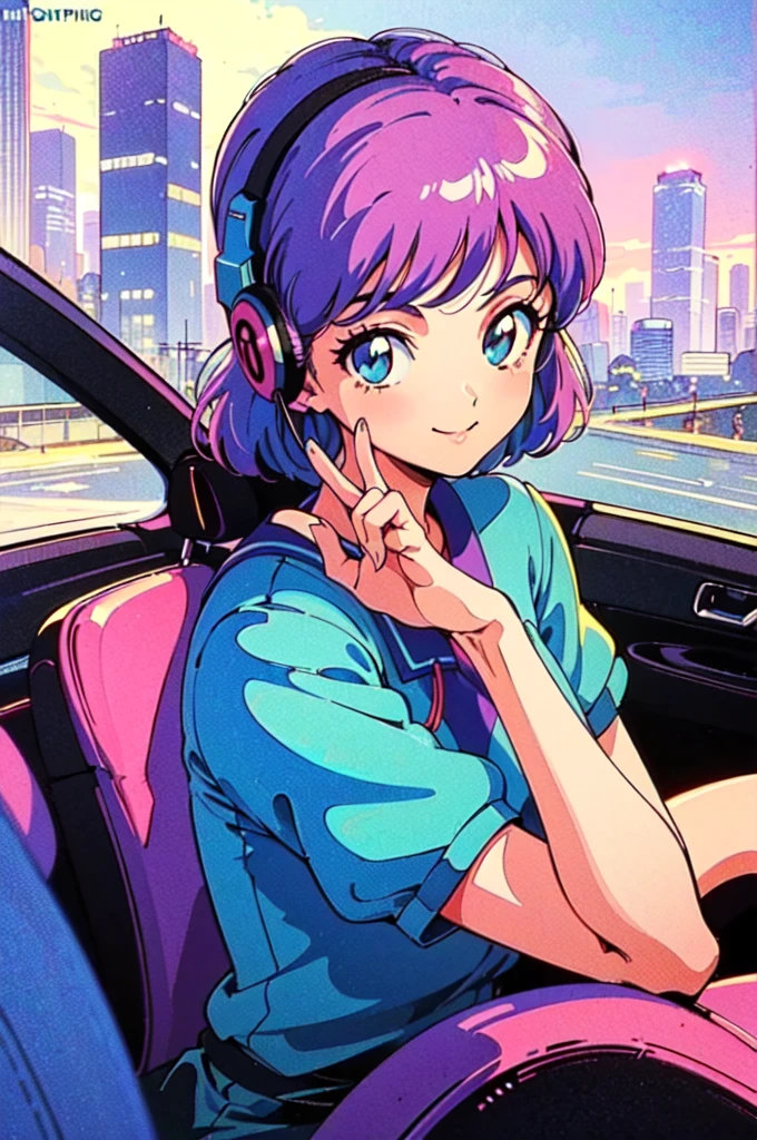 (80's, Retro, City Pop:1.5), (Album cover), (masterpiece, Highest quality, Intricate details), (anime, figure), (pastel colour:1.3), Best Photo Poses, Dynamic Angle,
, alone, smile, A perfect eye for detail, Delicate face,Headphones,While driving,
City scene, City of night, Tokyo, High Fashion, 