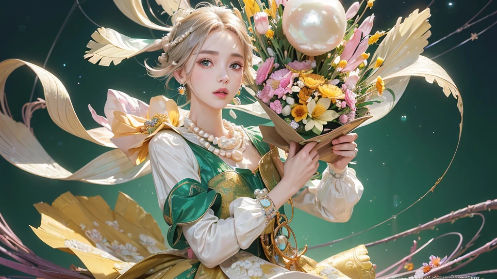 32K, 最高quality, 最高masterpiece, (ultra-Detailed Background, Detailed Background), High resolution, Super detailed, Very detailedな, 1 personの, (bouquet:1.3), (Tangled:1.2), (Geometric:1.2),(colorful),(masterpiece, quality, best quality, Official Art, Beautiful and beautiful:1.2), (1 person:1.3), Very detailed,(colorful:1.1)(Flowers:1.3),Most detailed,(Tangled:1.2), whole body, (Abstract background:1.3), (Skin glows), (Many colors:1.4), ,(Earrings Pearl:1.5), Pale yellow-green background, It's imaginative., Brunette Hair, Updo, Holding a book, Holding a pen, Satin shirt