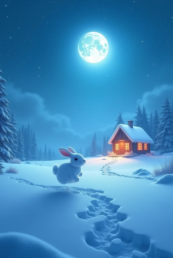 Snow Field at Night、Ultra Wide Angle、blue Moon、Blue light、Orange light shines through the windows of a small, snow-covered hut.、
Snow rabbit jumps