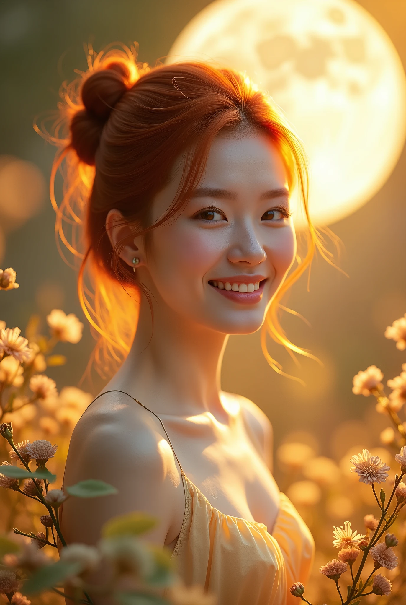 Softly lit redhead, adorned with a perfect bun and radiant smile, fills the medium shot with elegance. Golden petals and green flowers weave intricate patterns against the serene backdrop of the moon, evoking the styles of South Korean Super Star. Warm, golden light accentuates her porcelain skin, while subtle out-of-focus flower bokeh adds a dreamy quality.