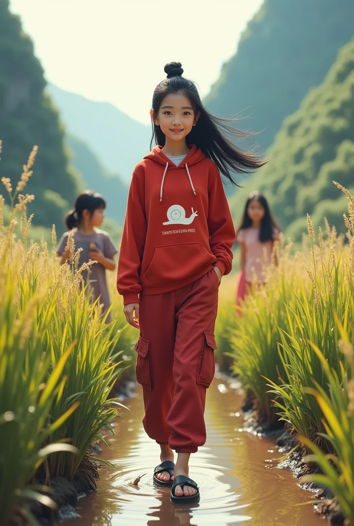 Beautiful Korean girl, smooth white skin, well-groomed face, thin smile, straight black hair twisted upwards, red hoodie, snail pattern, red cargo pants, cargo sandals, looking for snails and eels in the rice fields, among the muddy mud, with friends, The background of the mountains on the left and right of Pematang looks original, real and realistic in the photo