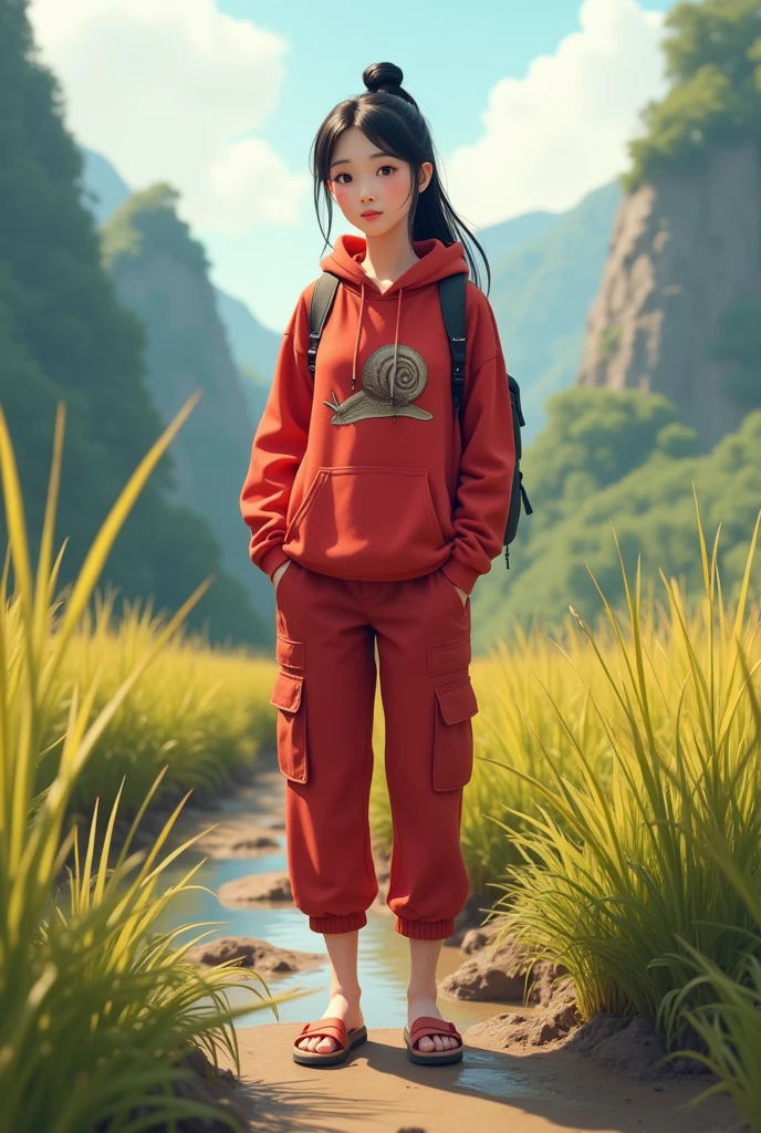 Beautiful Korean girl, smooth white skin, well-groomed face, thin smile, straight black hair twisted upwards, red hoodie, snail pattern, red cargo pants, cargo sandals, looking for snails and eels in the rice fields, among the muddy mud, with friends, The background of the mountains on the left and right of Pematang looks original, real and realistic in the photo