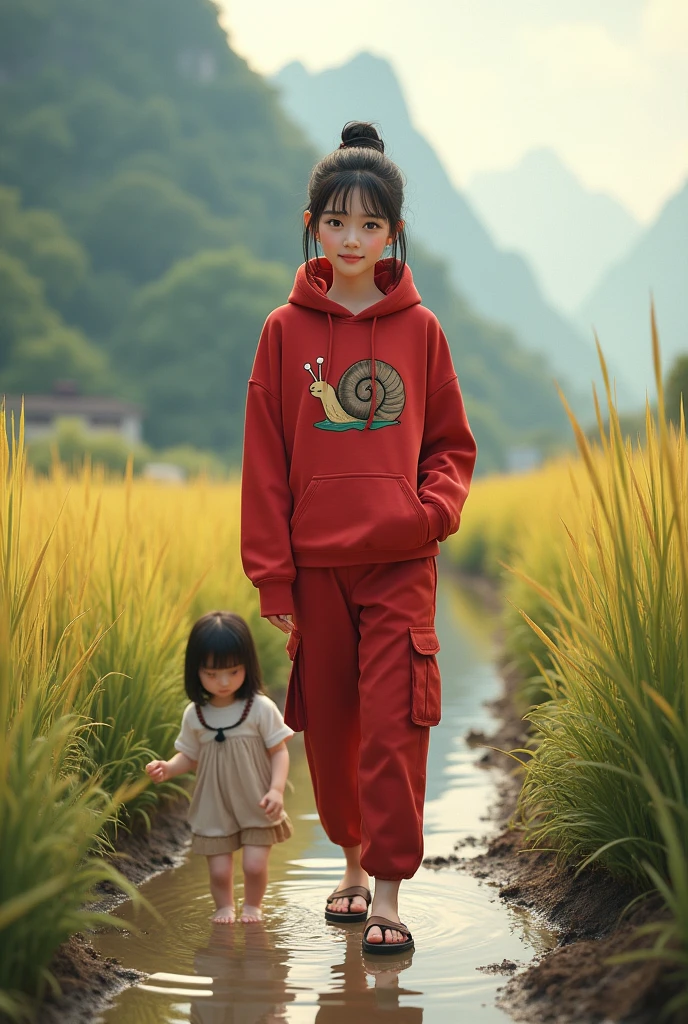Beautiful Korean girl, smooth white skin, well-groomed face, thin smile, straight black hair twisted upwards, red hoodie, snail pattern, red cargo pants, cargo sandals, looking for snails and eels in the rice fields, among the muddy mud, with friends, The background of the mountains on the left and right of Pematang looks original, real and realistic in the photo