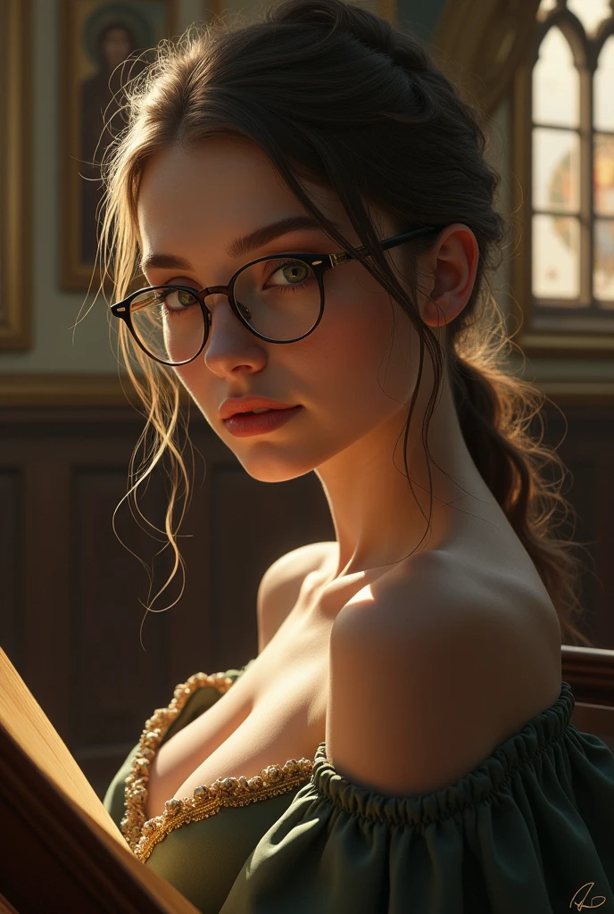 sexy balkan student, pale white skin, honey eyes, low messiy pony tail, glasses, studyin in church