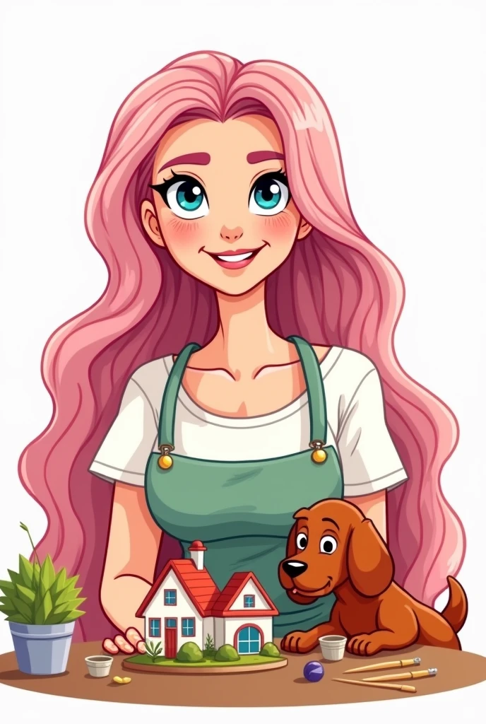 draw basic, line art style, Rapunzel vector. Create avatar of curvy craftswoman, very beautiful, upper body. Long light pink hair, blue eyes, wide smile, white t-shirt with apron. She is with a charming red irish setter dog. in the table, working with mini houses dioramas. Specific art, fanart, sweet color, white background, clipart illustration, simple art, cartoon 2D, no shading, PNG, front view, close up