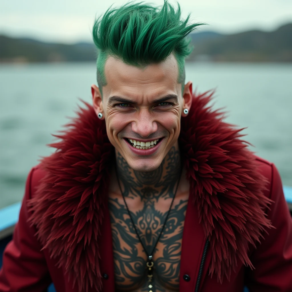 high resolution、Realistic、masterpiece、8k、Russian man、Young people、tall、Green reverse hairstyle、Long Hair、cheekbones are protruding、Shaky jaw、Shaving eyebrows、(((no eyebrows)))、Sharp eyes、Long, pointed canines、Sharp teeth、Nose ring piercing、smile、A big smile、Large tattoo in the center of the chest、Dark red feather collar jacket、open breast、On the boat