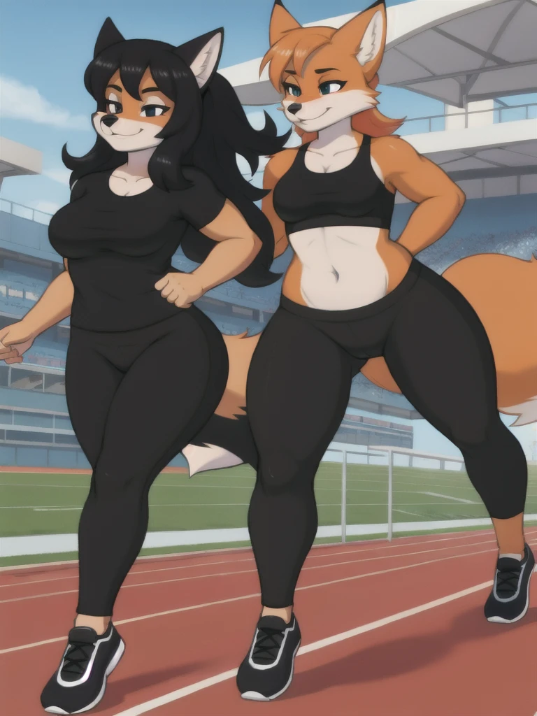 Furry, fox, female, black shirt, black leggings, shoes, running track, friends, full body