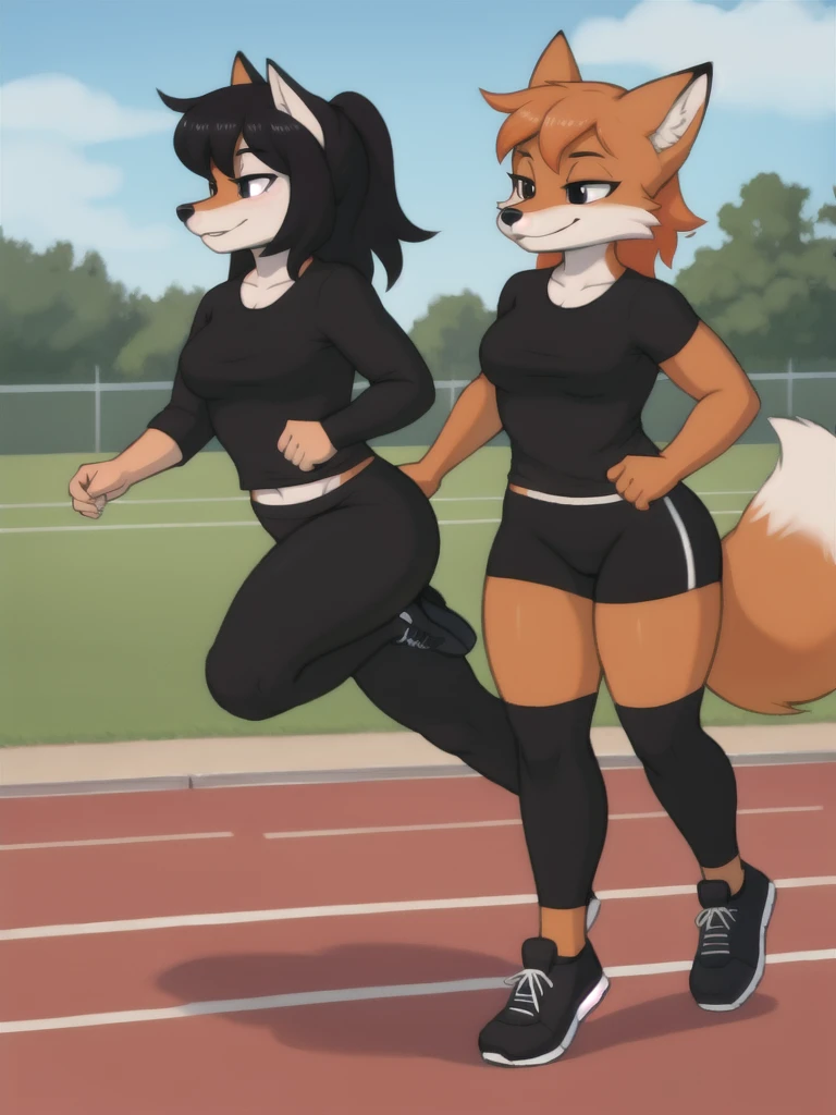 Furry, fox, female, black shirt, black leggings, shoes, running track, friends, full body