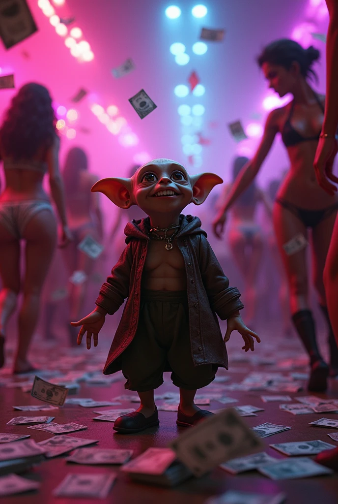 Dobby in a nightclub, with bills and dancing women