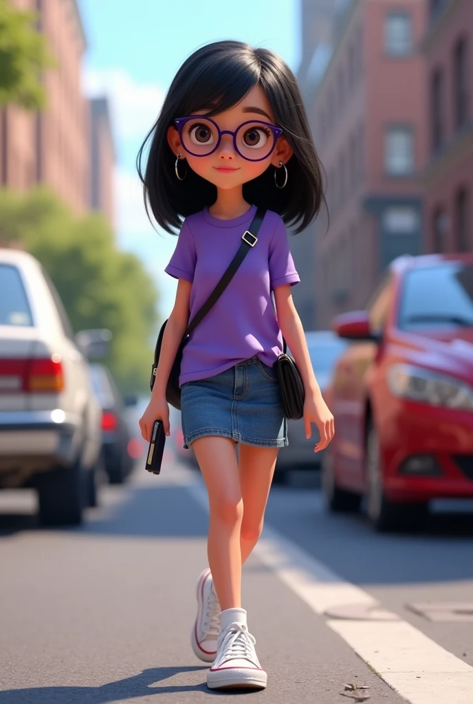 Pixar-style poster with a short girl with thinned hair, long smooth black color,  He wears glasses with thin, dark purple rims., He wears small silver hoops in his ears, a black wallet hanging on his left side. She wears a purple sleeved blouse and a tight denim skirt., white low converse tennis shoes. In his right hand he has a cell phone. He is walking on the street where there are cars 