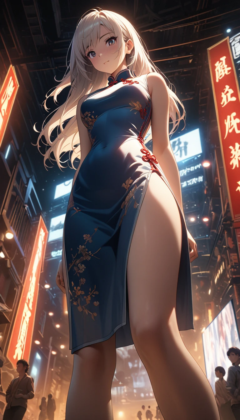 Cheongsam Girl，Long Hair，Pure white background，Depth of written boundary，Low angle view，Calf Level View，Overclocked Renderer，Cinema Lighting，Ultra-fine，Very detailed，complicated，Cinematic Perspective，CG Art，Side zipper