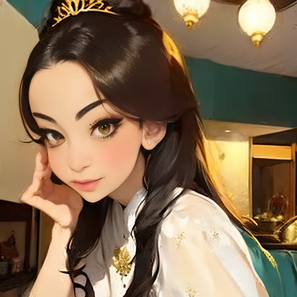 There is a woman in a cheongsam, 2 , 2 , 2 , 3 , delicate makeup, Ye Wen, 2 , round face, cute lian, gold tiara, pearl necklace, jade hairpin