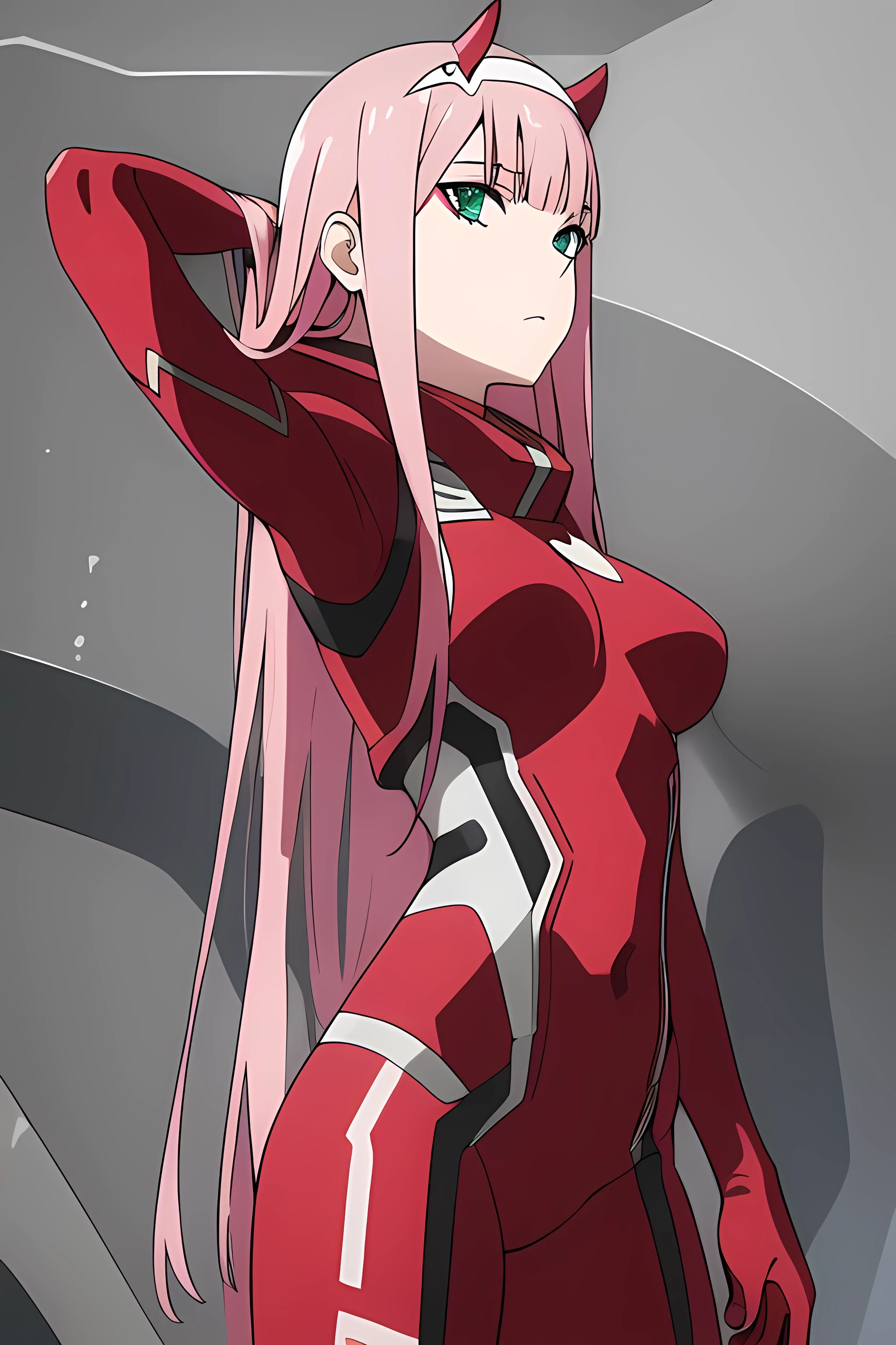 ((best quality)),((highly detailed)),masterpiece,absurdres,detailed face,beautiful face,((detailed eyes, deep eyes)),(1girl),((dynamic pose)),   Zero_Two, green eyes, 1girl, solo, red bodysuit, long hair, pilot suit, pink hair, bodysuit, straight hair, hairband, standing, horns, breasts, bangs, closed mouth, looking at viewer, medium breasts, white hairband, skin tight, blunt bangs, makeup, eyeshadow, very long hair, sidelocks, expressionless, hair between eyes, red horns, shiny hair, from behind