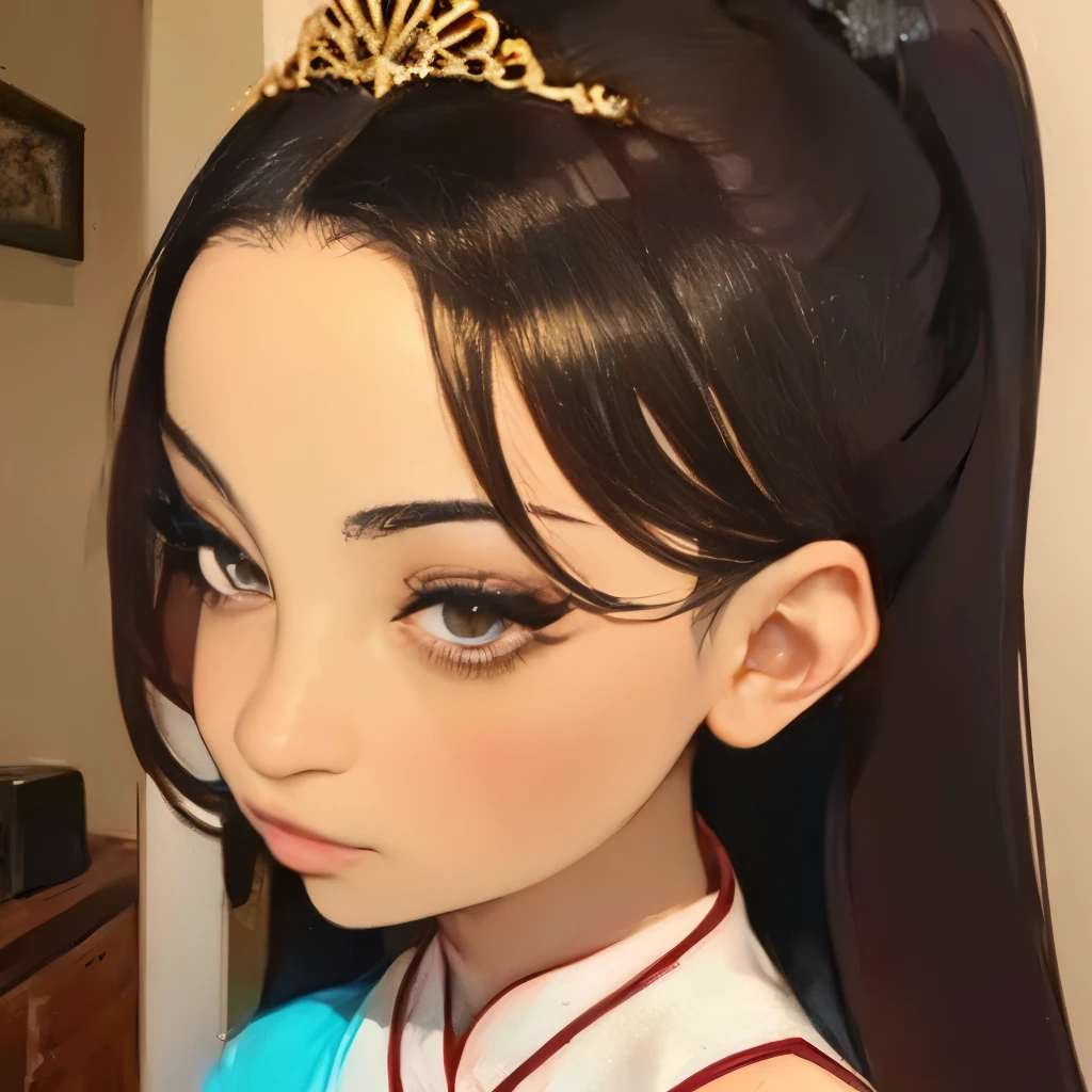 There is a woman in a cheongsam, 2 , 2 , 2 , 3 , delicate makeup, Ye Wen, 2 , round face, cute lian, gold tiara, pearl necklace, jade hairpin