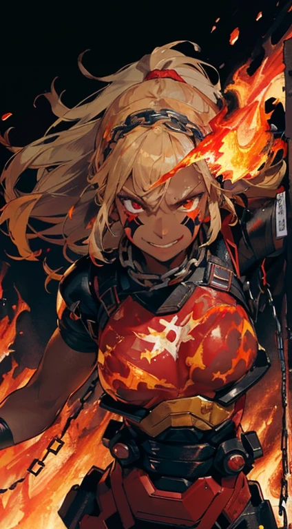 (Masterpiece), (best quality), (expressive eyes), (perfect face), (8k), (extreme detail), (illustration), (absurdres), (highres), (ultra detailed), (perfect face), ((Girl fused with axolotl)), ((axolotl motif)), Aztec, (((((magma exoskeleton))))), ((((((dark-skinned female)))))), red hair, (long hair), (fiery hair), (((wild hair))), (((fiery headdress))), (red eyes), (face paint), (((chains on body))), ((((covered in fire)))), ((eruption)), (((evil smile))), (((volcano in background))), ((cowboy shot)), ((fire and war)), ((((dynamic pose))))