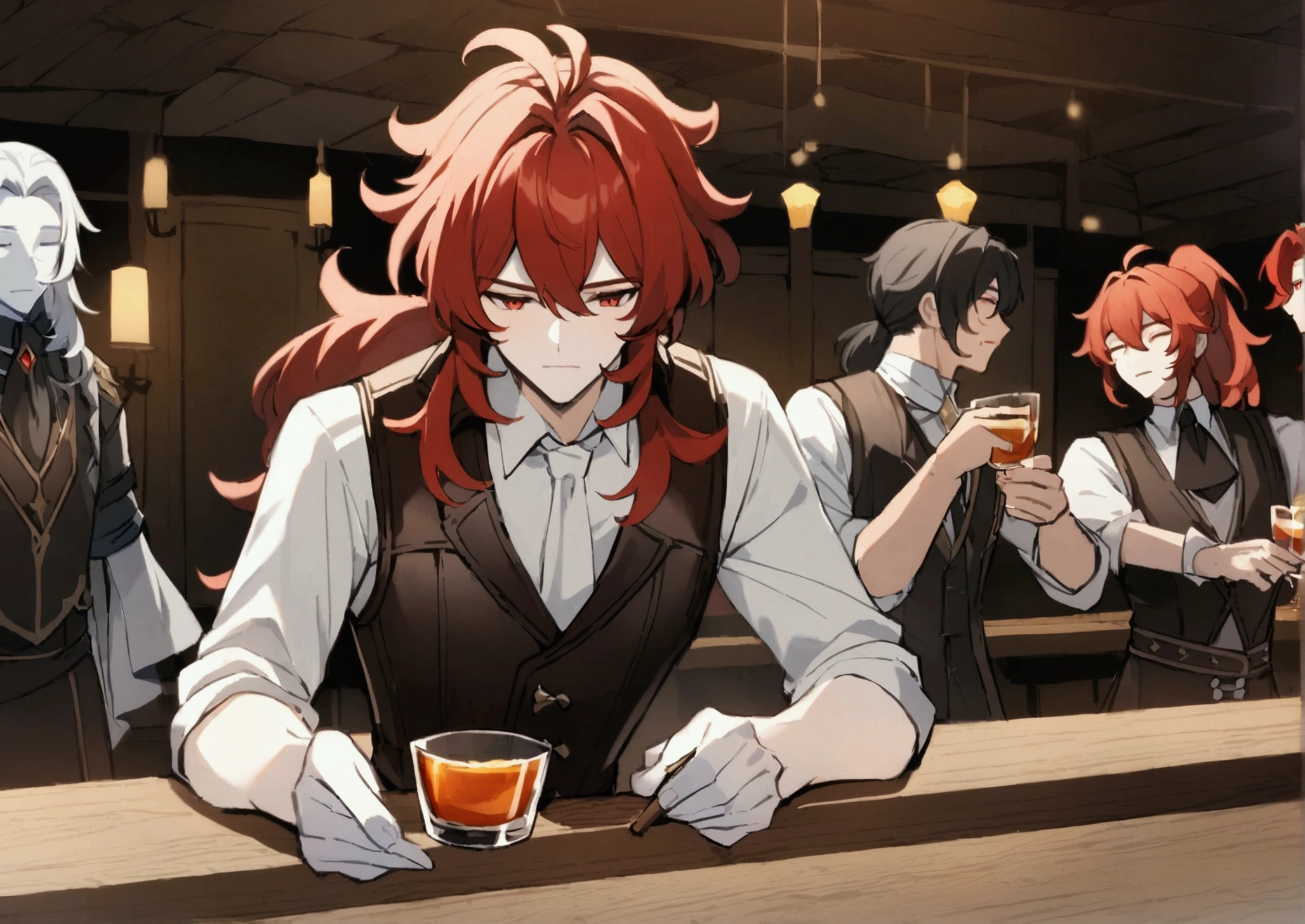 Make an anime character, 20 year old man, white skin, red hair, messy hair, ponytail hair, voluminous hair, long hair, red eyes, Diluc character from genshin impact, white medieval shirt, leather medieval vest, cleaning a glass cup wooden counter, bartender, tavern scene, closed eyes, surrounded by ghosts.