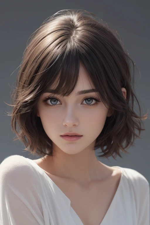 (photograph:1.2)、(photorealistic:1.3)、(masterpiece:1.3)、(Highest image quality:1.4)、ultra high resolution、(detailed eyes)、(detailed facial features)、(Detailed garment features)、8K resolution、solo focus、2 mature woman、small face、no makeup、Detailed beautiful eyes、bangs、dark brown hair、short cut hair、(realistic skin)、beautiful skin、charming、ultra high resolution、Super realistic、High definition、Camisa branca aberta,middlebre、small breasts、bust B cup、small breasts、cool beauty、Gray background、cinematic lighting、perfect、soft light、High resolution skin:1.2、realistic skin texture、2 mature woman、small face、no makeup、Bust B Cup、Detailed beautiful brown eyes、short hair、dark brown hair、Cool beauty、gray background