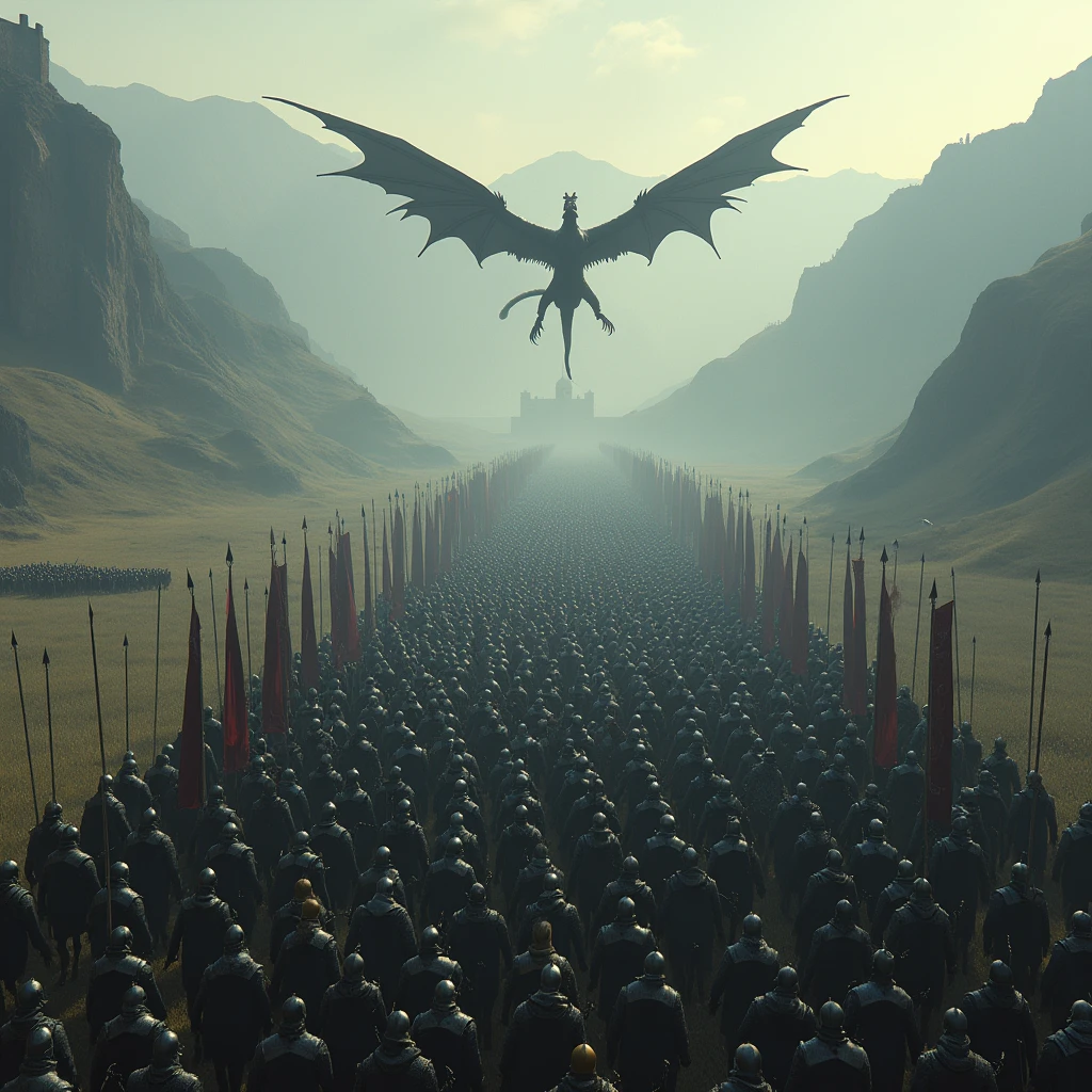 /imagine the aerial view shot of a vast realistic intricately detailed medieval fantasy army of millions of armored knights. Thousands the front knights are mounted on heavily armoured medieval horses, while marching rest of the army are just wielding spears and shields or swords and shields, some realistic intricately detailed armored knights amongst the army of the knights are holding realistic intricately detailed diverse medieval fantasy banners/flags, they are valiantly marching through a vast dimly sunlit dark misty valley of pale yellow grass featuring a medieval fantasy kingdom with high walls surrounding it carved into the mountains in the distant background and giant realistic intricately detailed black wyverns with enormous wingspans flying high in the the air over the army : cinematic lighting, dynamic lighting blends seamlessly with natural light, ultra HD resolution, photography, photorealistic quality, high details, dark grey monochromatic atmospheric color grading, extreme dark grey atmospheric haze/fog, foggy ambience/atmosphere, realistic.