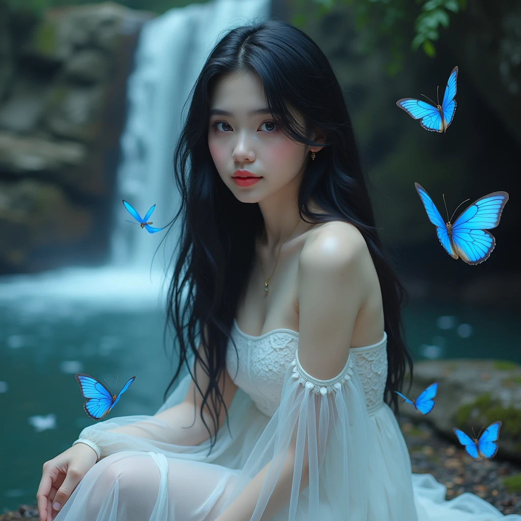 Quality art. A woman with jet black hair, Long and straight, beautiful face, Porcelain skin, defined jaw. Long eyelashes and blue eyes, Red lips, She looks at the blue butterflies that are around her. She looks at them with a curious expression and a small smile., She is sitting on a rock next to a waterfall, with a white dress. (american woman)