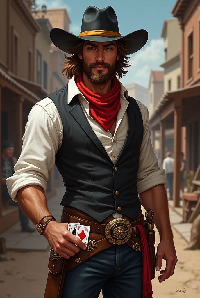 man, brown skin, chestnut hair, 
He has a long messy hairstyle,  with a white streak in his hair,
brown eyes, and a short, well-groomed beard. 
He has a normal physique, wears a black cowboy hat with a yellow band on it., 
He wears a black vest over a rolled-up white dress shirt, a red scarf around his neck, pants with a buckle, and boots with spurs. He is cheerful and well-liked, and he carries two decks of cards with him I would like it to be in a mature style, with the art in a fantasy and RPG style set in the Old West. in 1857