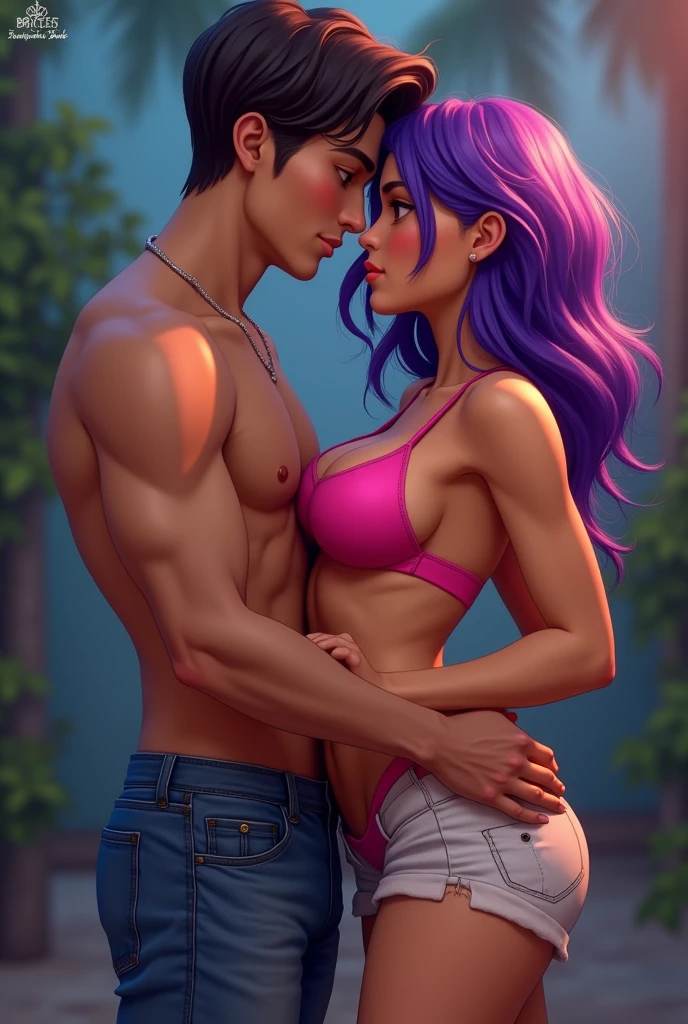 Purple hair,big breast,hot bra,pink bra,denim shorts, kissing boyfriend,