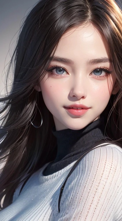 (UHigh resolution, retina, masterpiece, Accurate, Anatomically correct, Textured skin, Super Detail, Attention to detail, high quality, 最high quality, High resolution, 1080P, High resolution, 4K, 8k, 16K), (美しいAttention to detail目, Beautiful lip detail, Highly detailed eyes and face), Studio Lighting, Physically Based Rendering, Brightly colored boobs, Super big breasts, super extra big , Glamorous Body), (White turtleneck knit), (Portraiture, Bowl Cut, Shiny Hair, Glowing Skin), (Bokeh), (incline one's head to the side:1.5), Eye Reflexes, Jet Black Hair, Distinctive large, narrow eyes, Snow-like skin, Pink Lips, Rosy Cheeks, Large Breasts, A charming smile that captivates everyone who sees it, and the intelligent brain,