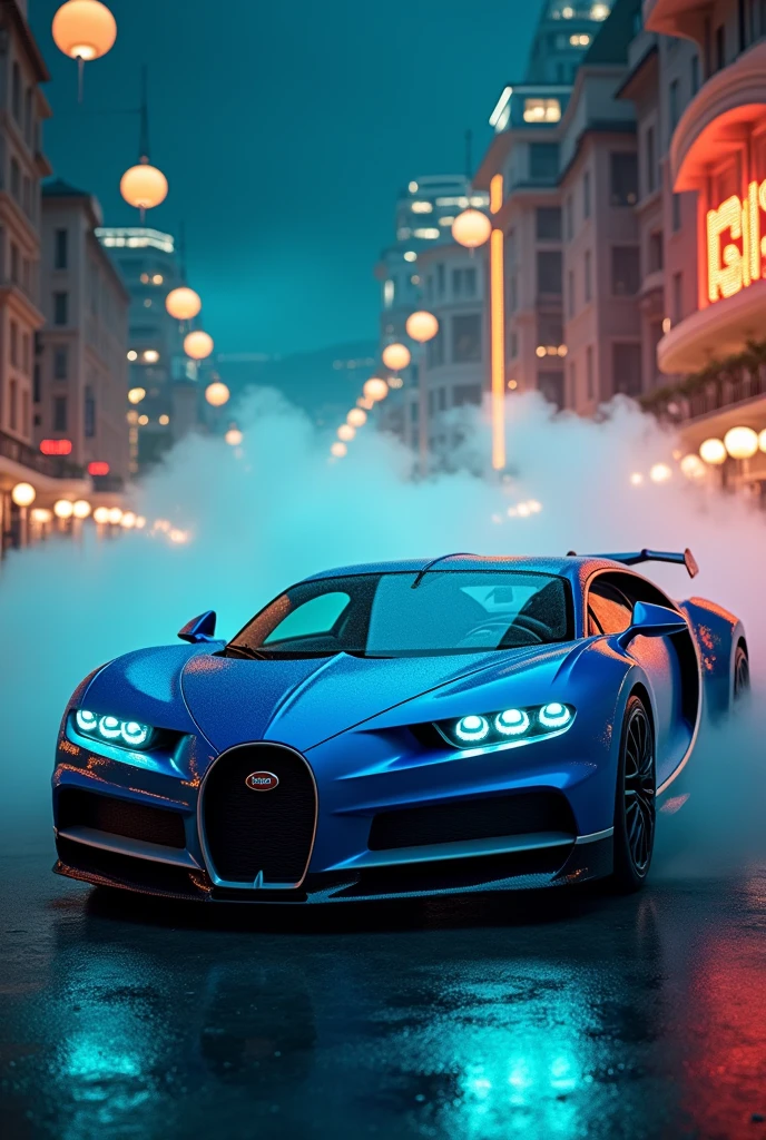 Blue bugati in Monte Carlo at night with teal orange neon lights and fog