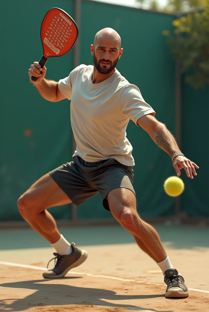 A beardless and bald man, realistic hitting a padel ball with his paddle, in finishing attitude, with one hand, a medium sized shovel