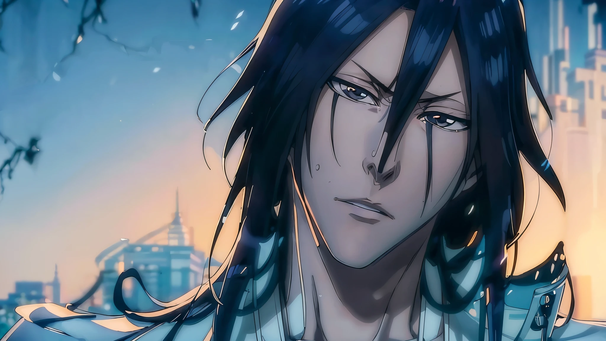 Byakuya Kuchiki from Bleach, handsome, male, black hair, medium-long hair, face detailed, perfect eyes,shirtless, fitness, pale skin, ((best quality)), ((master part)), ((detailed)), 16k, HDR, RTX, (masterpiece, aesthetic: 1.3), (1 man), perfect hands, (dynamic pose:1.2), close-up, portrait.