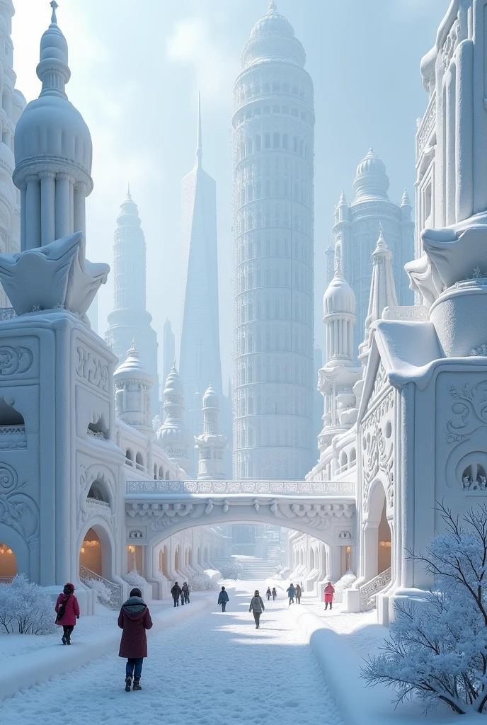 Modern city, The entire city is a snow sculpture, Blizzard, City Lights