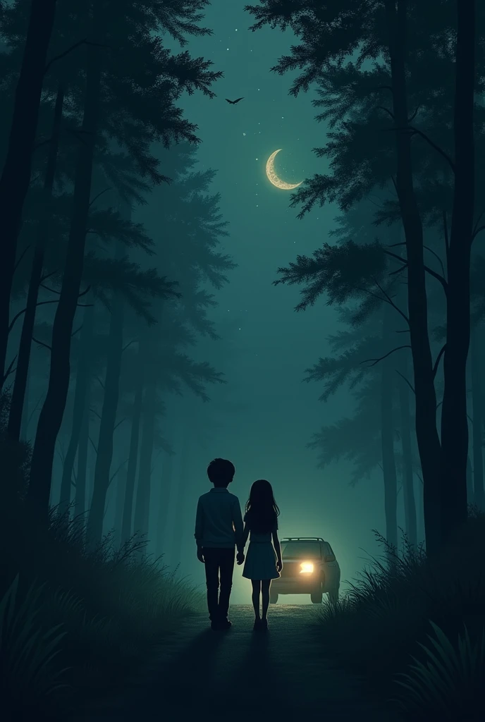 One boy and one girl in forest in night heart touching one black car
