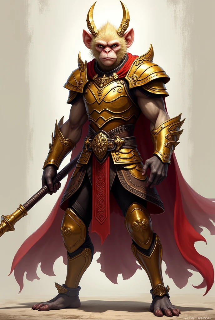 Humanoid monkey, blonde, serious expression, slender body, in golden and brown full-body dynasty armor, two antenna-like plumes headdress, wielding a long metal bo stick with gold on two edges, red flowing cape, dynamic pose, fantasy vibe,