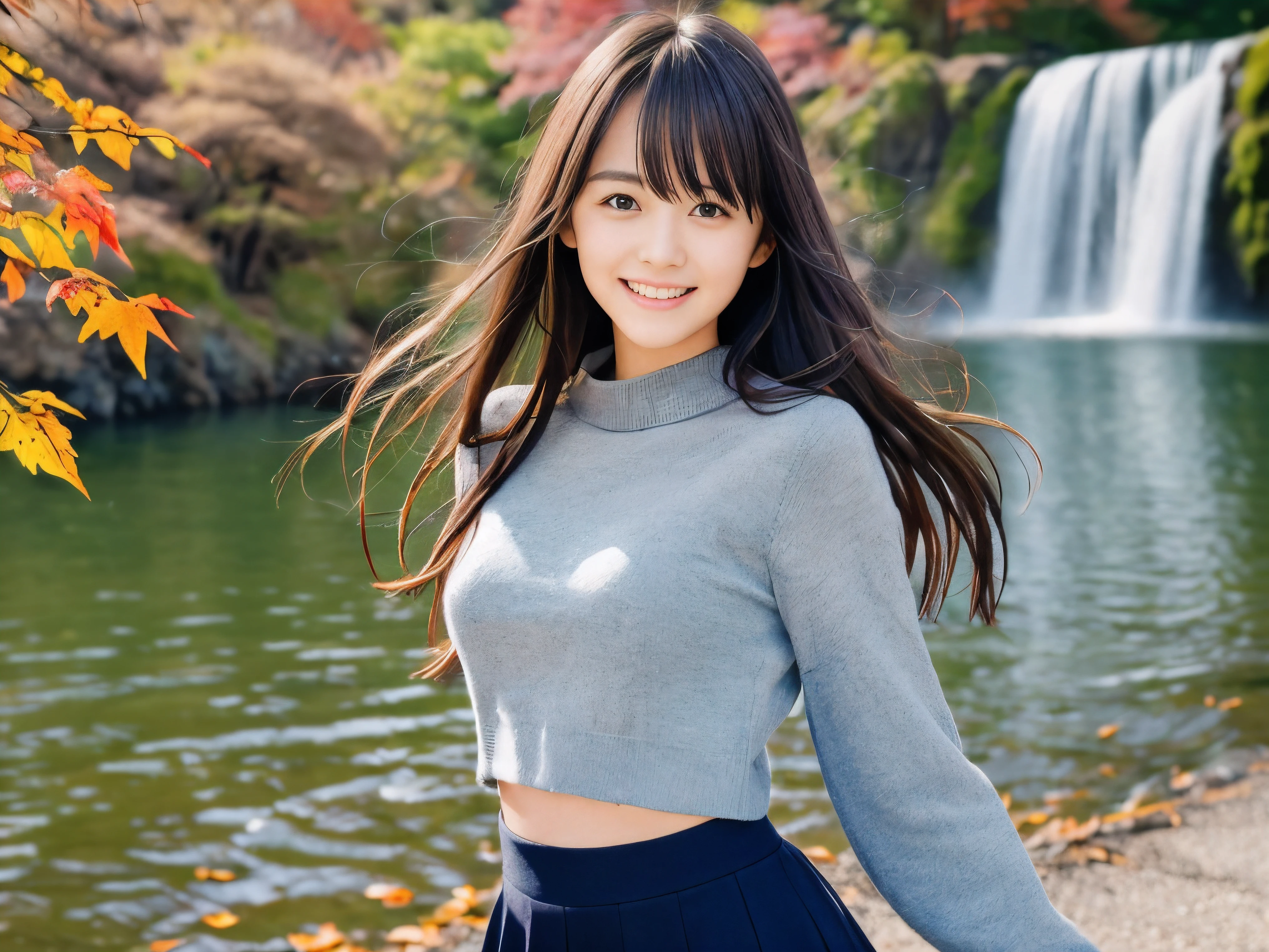 (Close up face shot of one slender small breasts dark silver long hair with swept bangs girl in a long sleeves shirt and sweater and skirt:1.5)、(One girl is dancing with happy smile on the dart road near the lake and big waterfall in Japan:1.5)、(Beautiful autumn red leaves landscape:1.5)、(Natural light:1.5)、(8k ultra detailed master piece:1.5)、(perfect anatomy:1.5)、(Photorealistic stick:1.5)、(Raw photo:1.3)、(highest quality:1.5)、(High resolution:1.3)、(Delicate and beautiful perfect face:1.3)、(Delicate and beautiful eye air skin:1.3)、(Real Human Skin:1.3)、((thin legs))