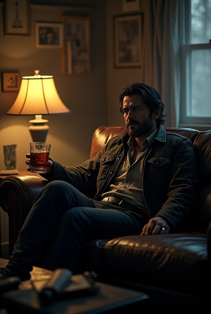 Jesse McCree sitting on a couch drinking whiskey at night