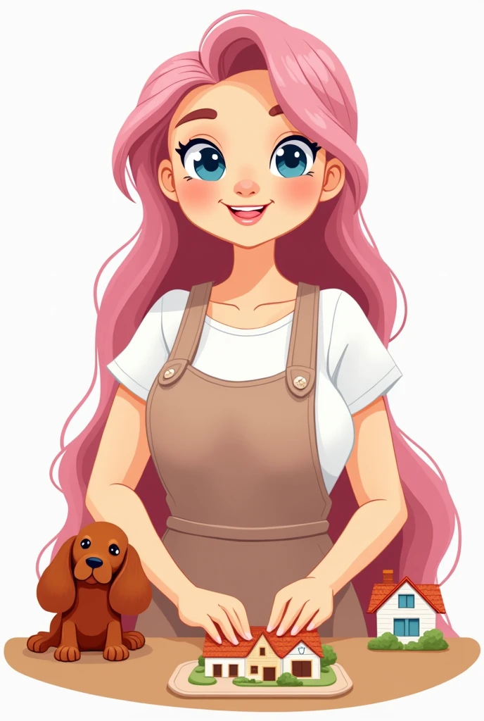 draw basic, simple art style, Rapunzel vector. Create avatar of curvy craftswoman, very beautiful, upper body. Long light pink hair, blue eyes, wide smile, white t-shirt with apron. She is with a charming red irish setter dog. in the table, working with mini houses dioramas. Specific art, fanart, sweet color, white background, clipart illustration, simple art, cartoon 2D, no shading, PNG, front view, close up