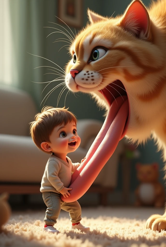 A kid getting a ride on a cats tongue