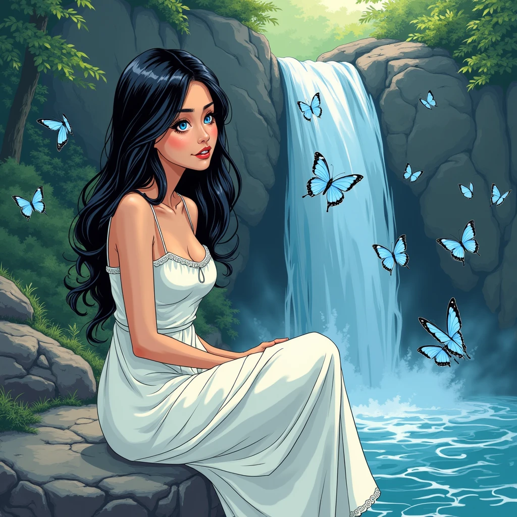 Arte comic. A woman with jet black hair, Long and straight, beautiful face, Porcelain skin, defined jaw. Long eyelashes and blue eyes, Red lips, She looks at the blue butterflies that are around her. She looks at them with a curious expression and a small smile., She is sitting on a rock next to a waterfall, with a white dress. (american woman)