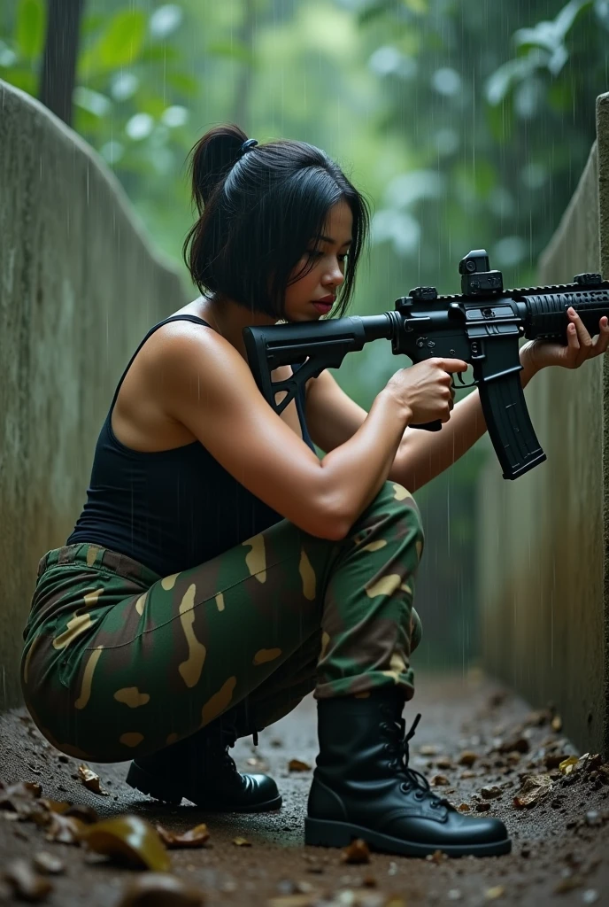 A beautiful indonesian women, a bit chubby, huge breasted, wet tied bobcut hair, wear wet tanktop, wear tactical camouflage pant, tactical boots, holding a m16 gun, serious face expression, kneel on dirty land behibd the bash and aim the target in the jungle under the rain, realistic photography, natural light,