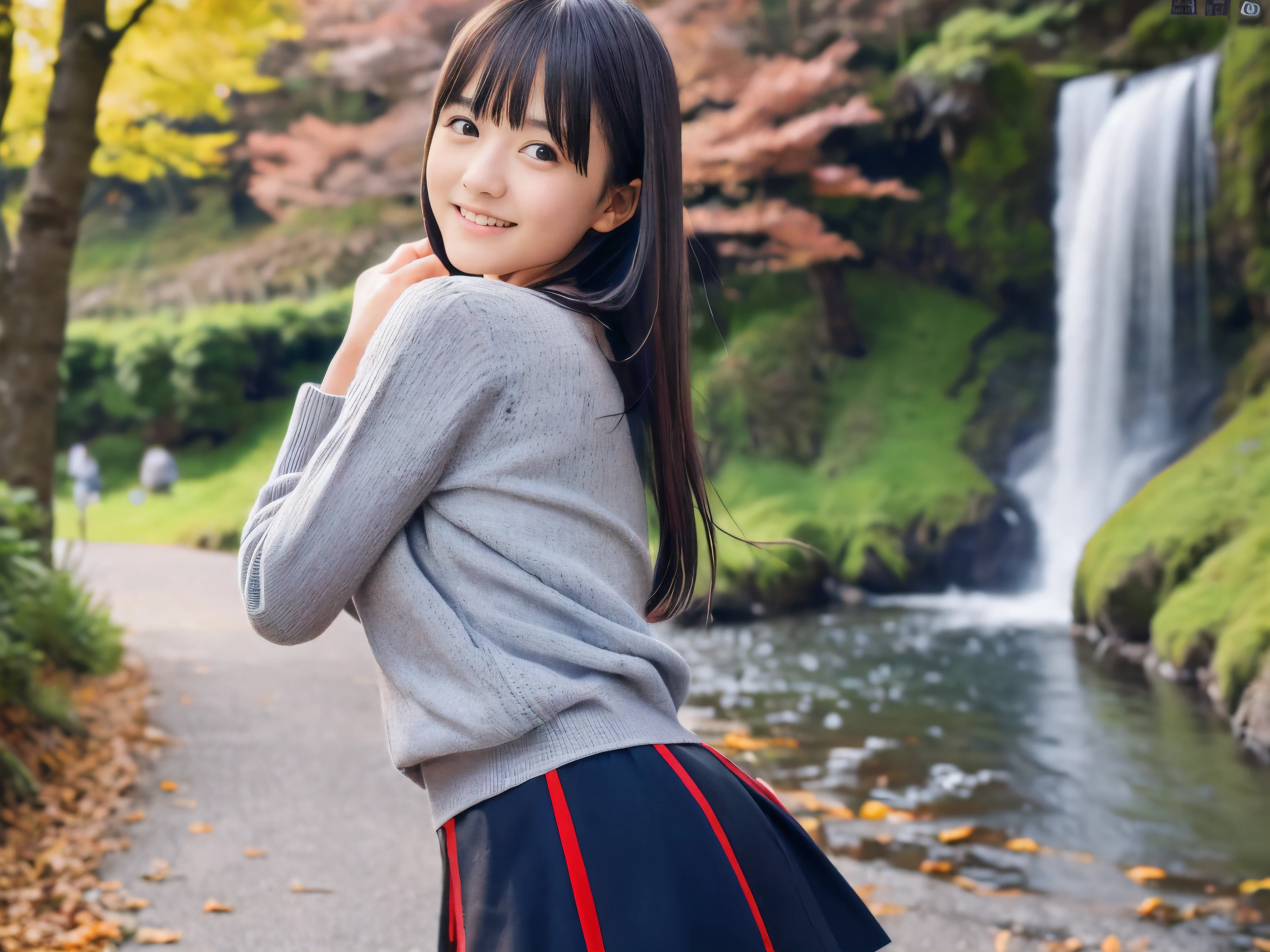 (Close up face shot of one slender small breasts dark silver long hair with swept bangs girl in a long sleeves shirt and sweater and skirt:1.5)、(One girl is dancing with happy smile on the dart road near the lake and big waterfall in Japan:1.5)、(Beautiful autumn red leaves landscape:1.5)、(Natural light:1.5)、(8k ultra detailed master piece:1.5)、(perfect anatomy:1.5)、(Photorealistic stick:1.5)、(Raw photo:1.3)、(highest quality:1.5)、(High resolution:1.3)、(Delicate and beautiful perfect face:1.3)、(Delicate and beautiful eye air skin:1.3)、(Real Human Skin:1.3)、((thin legs))