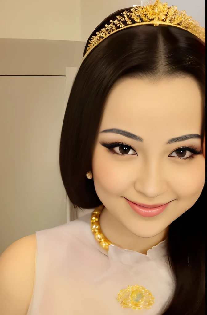 There is a woman in a cheongsam, 2 , 2 , 2 , 3 , delicate makeup, Ye Wen, 2 , round face, cute lian, gold tiara, pearl necklace, jade hairpin