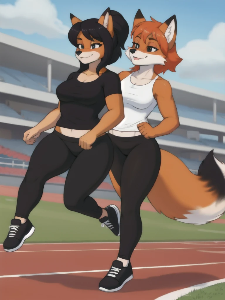 Furry, fox, female, black shirt, black leggings, shoes, running track, friends, full body