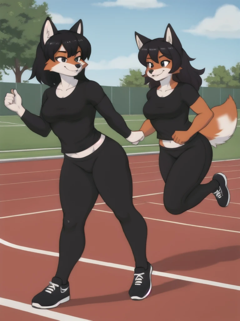 Furry, fox, female, black shirt, black leggings, shoes, running track, friends, full body