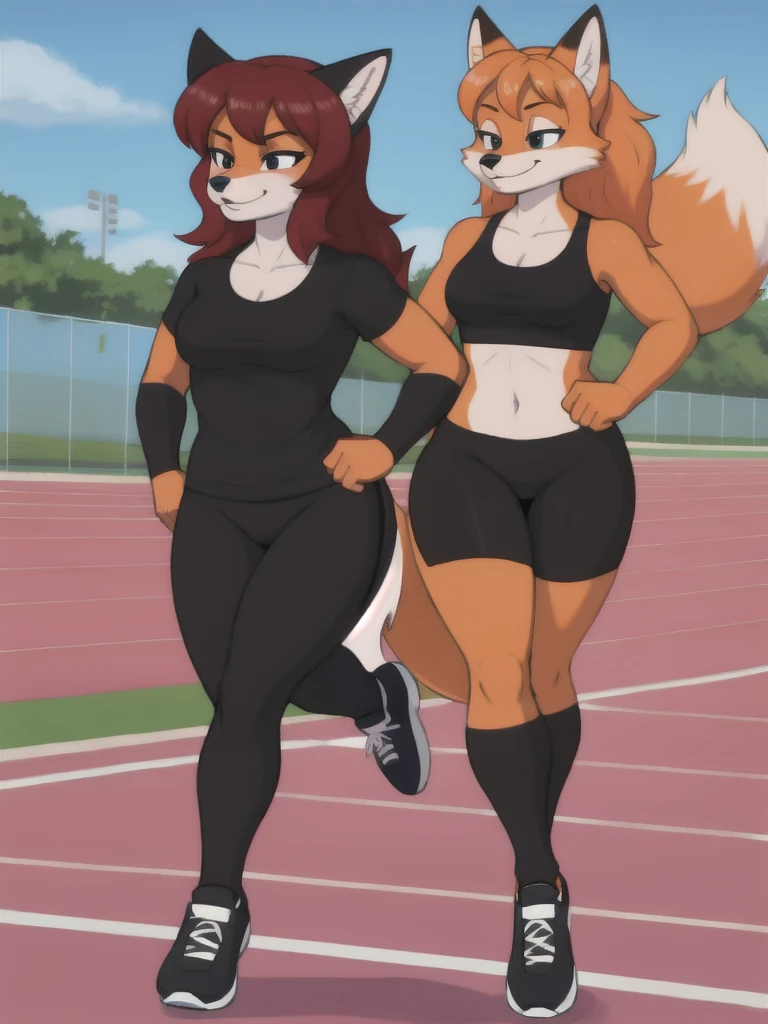 Furry, fox, female, black shirt, black leggings, shoes, running track, friends, full body