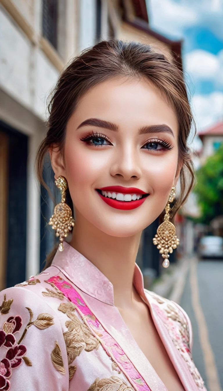 An extremely beautiful girl, very beautiful makeup, wearing luxurious office clothes in modern style, colorful eye-catching brocade embroidery, wearing expensive jewelry, smiling, using high-end cosmetics. The background is a deserted street, no one, luxurious houses, blue sky, white clouds drifting, bright smile, white teeth and details, charming shiny red lips. Brown eyes, glossy makeup, charming, sharp, realistic, wet eyes, pink eyeshadow, eyelashes, blush, high-end cosmetics.
Full-length photo of a girl walking leisurely along the street.