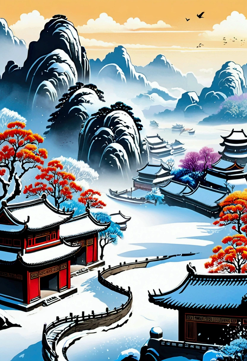 Snow Scenery, Chinese ink brush art style, graceful brushwork, elegant compositions, traditional motifs, professional-grade execution, captures the essence of Chinese culture and aesthetics, (best quality, masterpiece, photorealistic), very aesthetic, perfect composition, intricate details, ultra-detailed, vivid colors