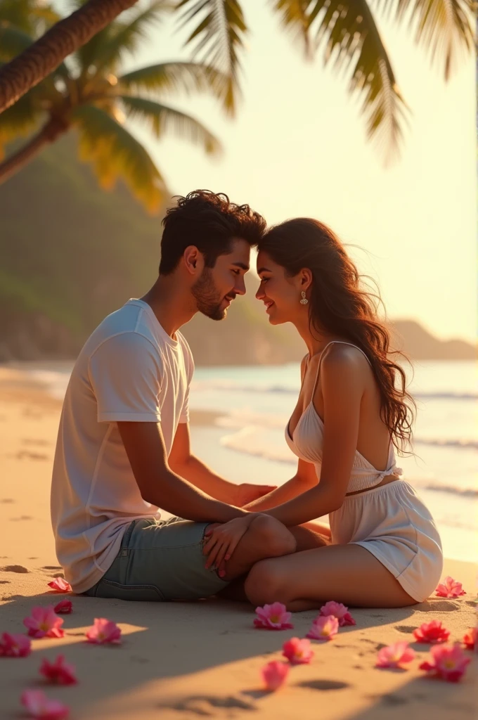 A 20 years old handsome boy , and a gorgeous girl both are sitted on the beach in nature and loving to each other