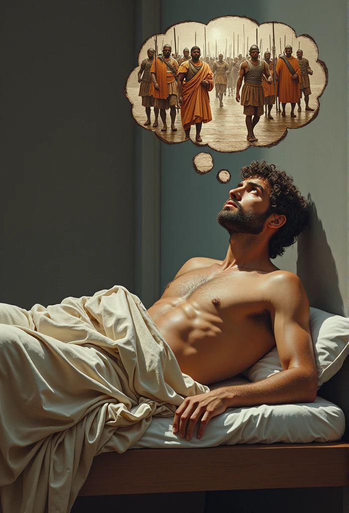 Marcus Aurelius lying on a single bed, looking at the ceiling, with a thought bubble showing annoying people or challenges (like Roman soldiers shouting, important documents, etc.)