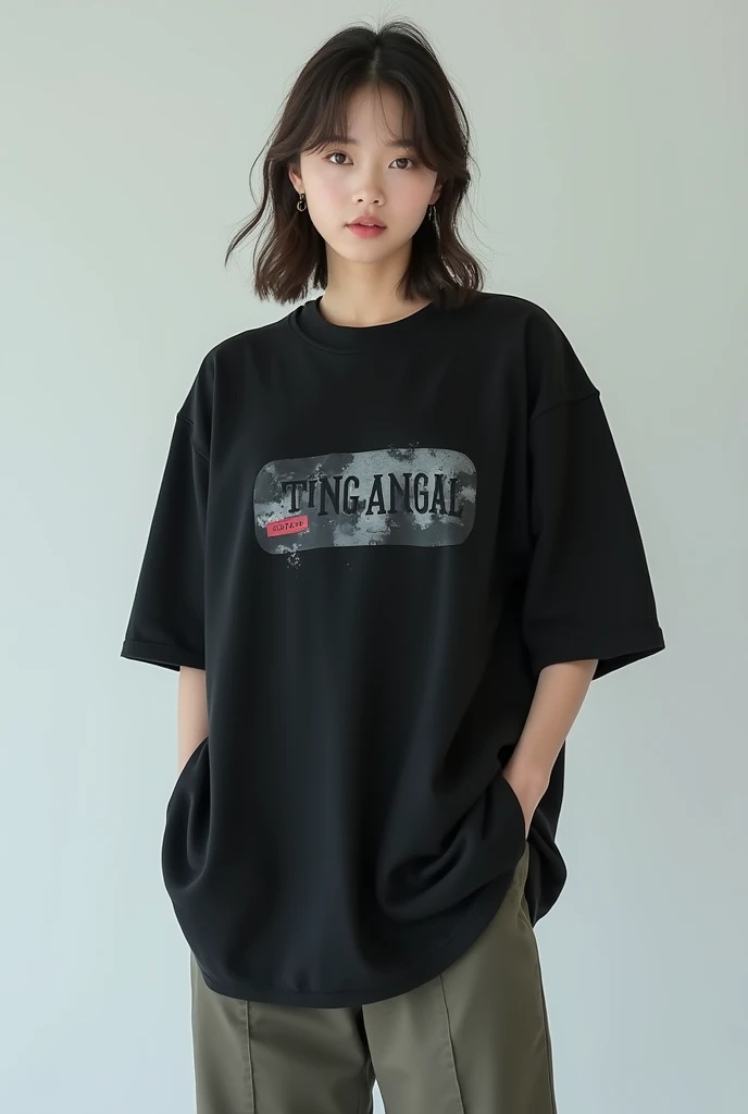 jihyo Twice wearing stylis oversized black tees, full body shot