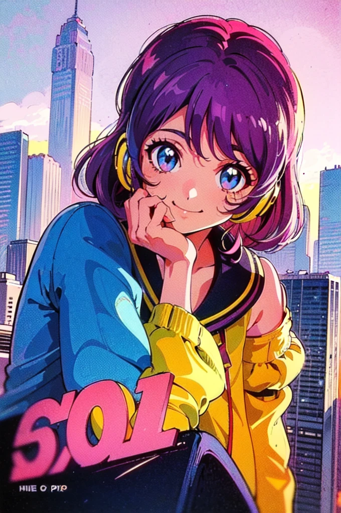 (80's, Retro, City Pop:1.5), (Album cover), (masterpiece, Highest quality, Intricate details), (anime, figure), (pastel colour:1.3), Best Photo Poses, Dynamic Angle,
, alone, smile, A perfect eye for detail, Delicate face,Headphones,drive,
City scene, City of night, Tokyo, High Fashion, 