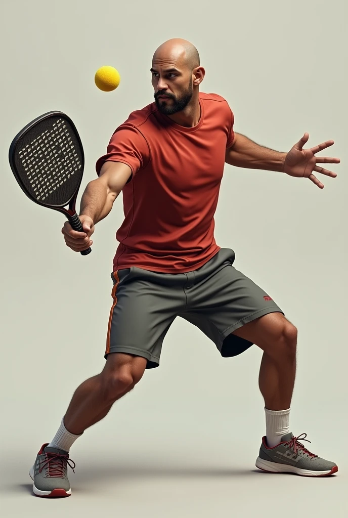 A Latin man, beardless and bald, realistic hitting a padel ball with his paddle, in finishing attitude, with one hand, a medium sized shovel
